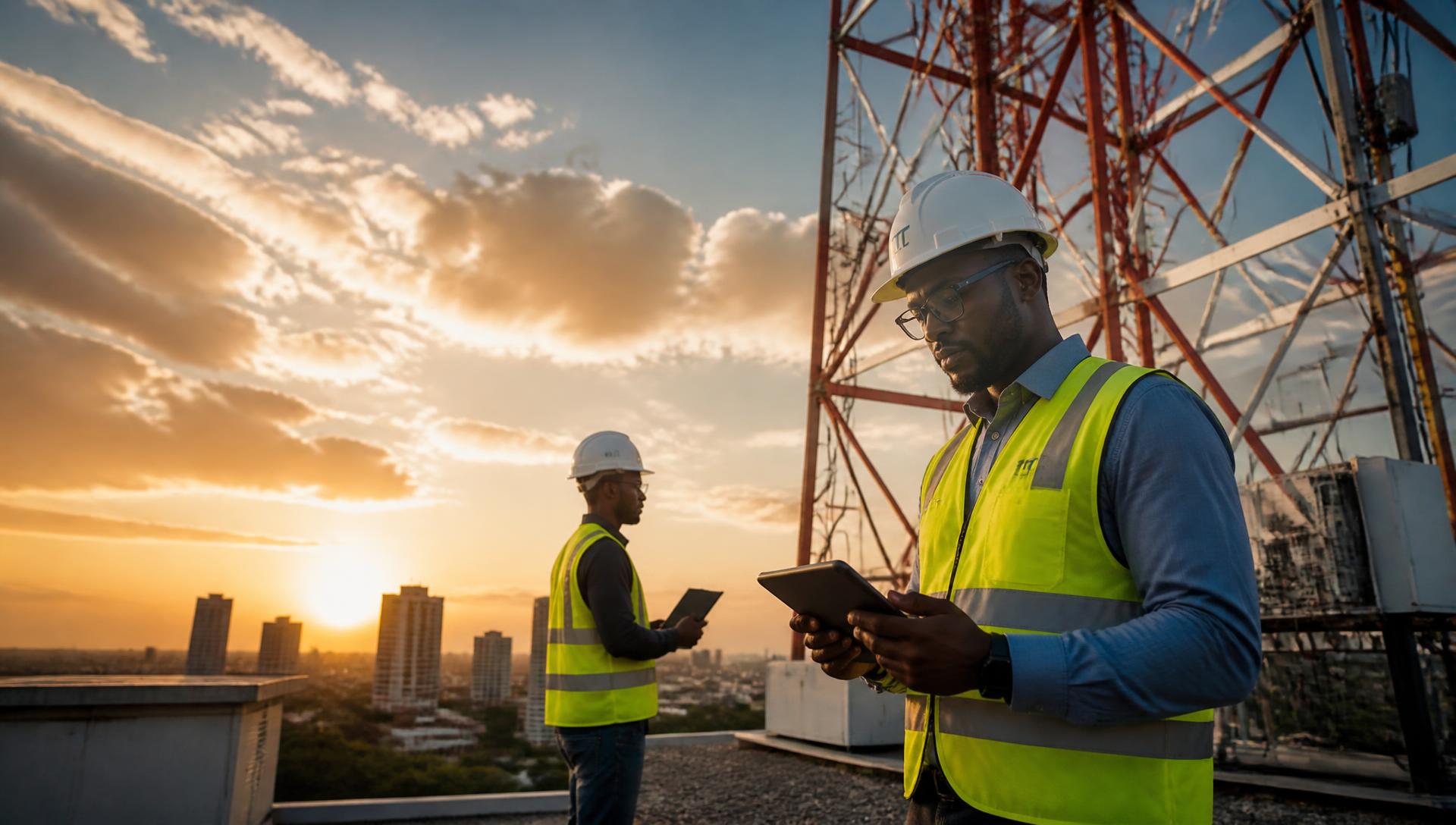 New Ice City engineers in PPE working at a telecommunications tower at sunset in Botswana